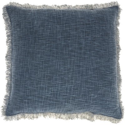 HomeRoots 22" Navy Blue Cotton Throw Pillow With Fringe and Texture