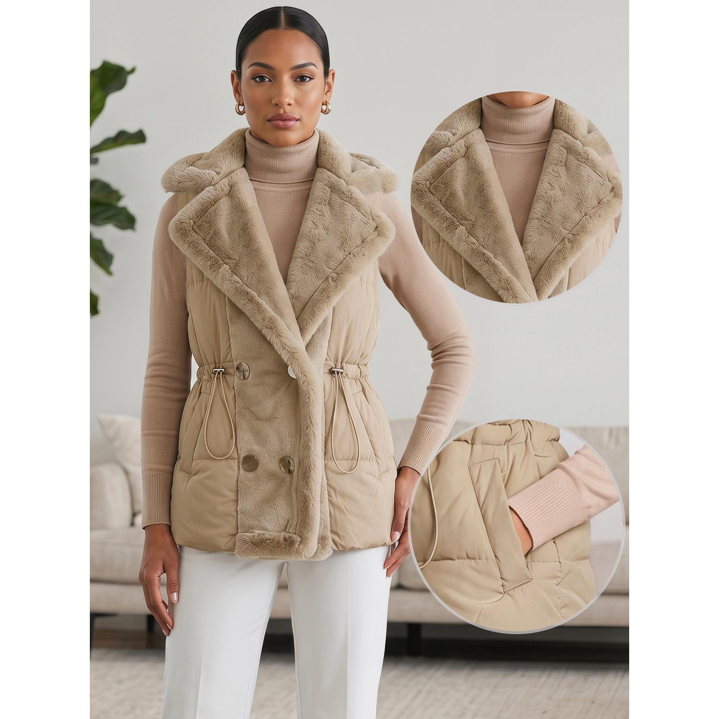 Женская куртка INSPIRE CHIC Lapel Collar Double Breasted Drawstring Waist Plush Splicing Quilted Puffer Coat Large Brown, цвет: Коричневый — фото 2