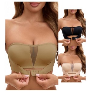 INSPIRE CHIC 3 Packs Women's Mesh Front Closure Push Up Wirefree Bandeau Strapless Breathable Tube Bras - 1 of 4