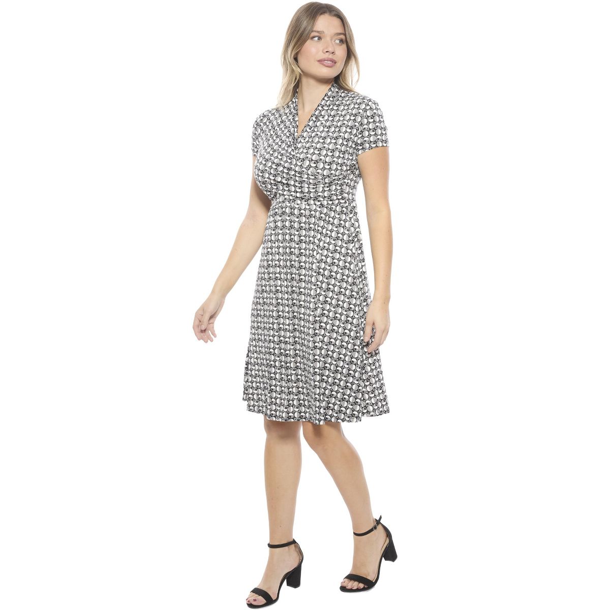 Womens Geometric V-Neck Short Sleeve Faux Wrap Knee Length A-Line Dress - 24seven Comfort Apparel™ - thumbnail 2