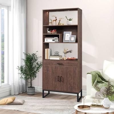 75.9" Tall Bookcase with LED Light,Wooden Bookcase with Storage Drawer and 3 Open Shelves, Storage Cabinet Bookshelf for Living Room Office