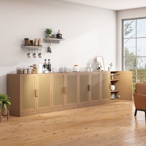 31"x124"x16" Wood Grain Buffet Cabinet, Storage Organizer with Adjustable Shelves and Rattan Doors for Kitchen Bedroom Living/Dinning Room - 1 of 4