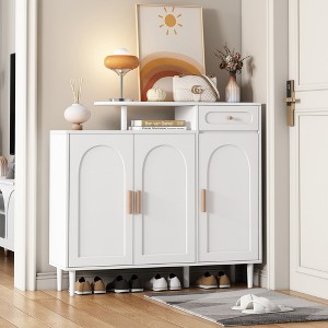 TIRAMISUBEST Elegant Shoe Cabinet with Arched Doors and Drawer, Cream Style Storage Sideboard with Adjustable Shelves and Solid Wood Legs for Entryway - 1 of 4