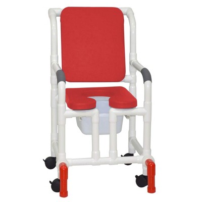 MJM International Corporation Shower Chair 18 In Width 3 In Red Seat Red Cushion Padded Back True Vertical Open 10 Qt Slide Mode Pail 300 Lb Wt