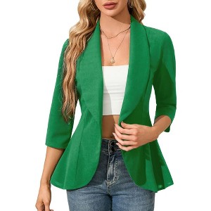 Womens 3/4 Sleeve Open Front Peplum Blazer Causal Business Notched Lapel Jacket Lightweight Slim Fit Suits Office Formal Blazer Jacket - Green,L - 1 of 4