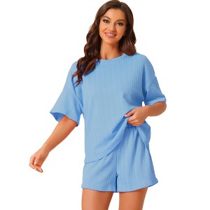 cheibear Women's Lounge Outfits Casual Round Neck Shorts Sleeves Ribbed Tops with Shorts Pajama Sets - 1 of 4