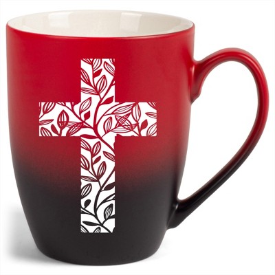 Elanze Designs Cross Leaf Two Toned Ombre Matte Red and Black 12 ounce Ceramic Stoneware Coffee Cup Mug