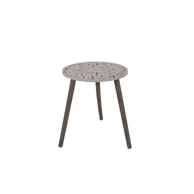 Accent Table, Round Wooden, With Decorative Floral Carvings Gray And Brown - Olivia & May