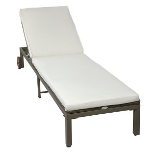Outsunny Patio Wicker Chaise Lounge with Wheels, Outdoor Rattan Sun Lounger with 4 Position Adjustable Backrest and Cushions, Cream White - 1 of 4
