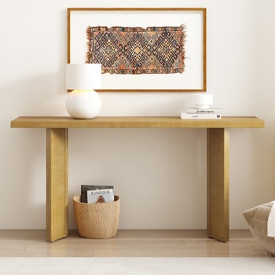63" MDF Console Table with Pine Veneer Top,Geometric Shape Legs for Modern Living Room,American Traditional Entryway Furniture-Coolbibila
