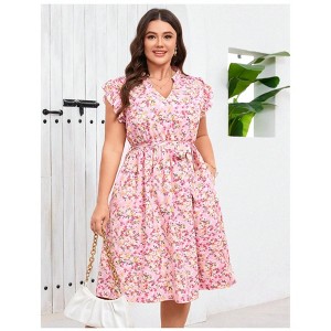 Plus Size Women's V-Neck Dress Casual Ruffle Sleeve Belted Flowy Midi Dress Summer Dresses - 1 of 4