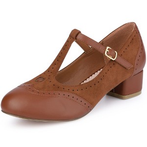 BLISSFUL STEP Women's Round Toe T-Strap Ankle Strap Block Heels Pumps - 1 of 3