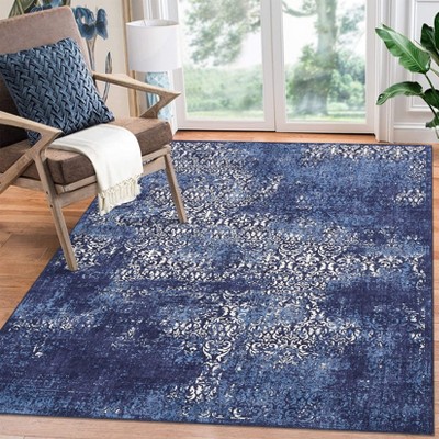 Vintage Area Rug 5x7 Machine Washable Living Room Rug, Non-Slip Non-Shedding Distressed Carpet, Low Pile Indoor Foldable Printed Floral Rug