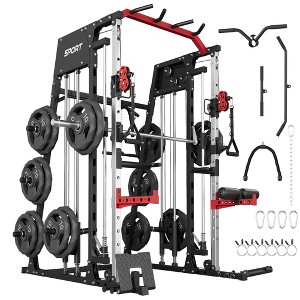 Smith Machine, Home Gym All-in-2200LBS Power Cage – Dual Cable Pulley LAT Pull-Down Leg Hold-Down Full Body Strength Training Equipment - 1 of 4