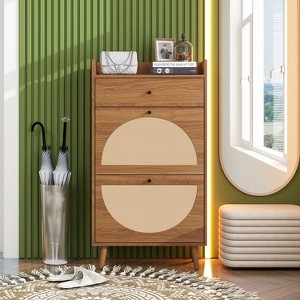 Shoe Cabinet with 2 Flip Drawers, Narrow Rattan Shoe Storage Cabinet with Drawers and Open Shelves, Slim Hidden Shoe Organizer - 1 of 1