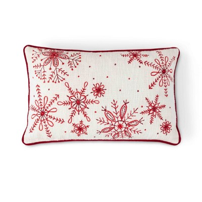 22" Red and White Embroidered Cotton Snowflake Pillow