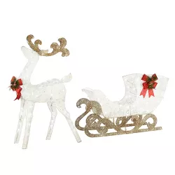 National Tree Company Prelit 48" White & Gold Sisal Reindeer and 24" Sleigh Outdoor Christmas Holiday Yard Decoration with 140 Cool White LED Lights