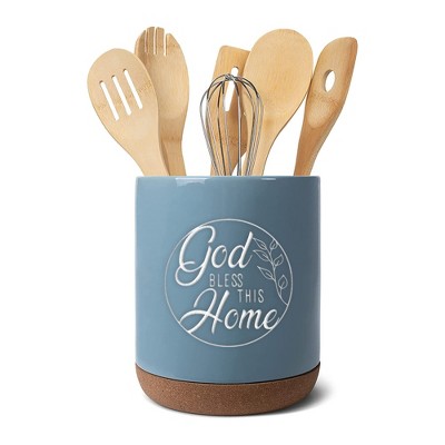Elanze Designs Bless This Home Sky Blue X-Large Cork Bottom Kitchen Utensil Holder