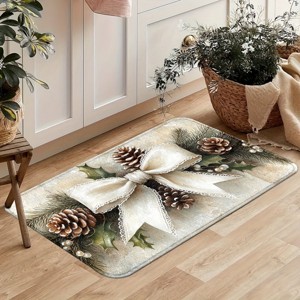 Christmas Holly and Pinecone Design Non-Slip Door Mat, Flannel Carpet Machine Washable, Holiday Door Rug. - 1 of 4