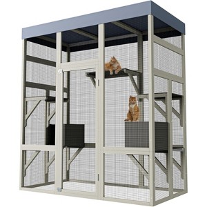 Garvee Catio Outdoor Cat Enclosure, 70.1" Large Wood Catio Outdoor Cats Enclosure with Waterproof Roof, 2 Cat Resting Box & Platforms, UV Resistant - 1 of 4