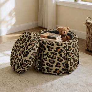 Bekrvio Acacia Wood Round Storage Ottoman, Leopard Print Vanity Stool Footrest with Skirt Hem Pouf, 500 lbs Small Coffee Table for Living Room - 1 of 4