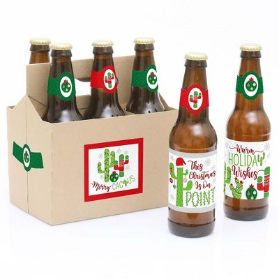 Big Dot of Happiness Merry Cactus - Christmas Cactus Party Decorations for Women and Men - 6 Beer Bottle Label Stickers and 1 Carrier