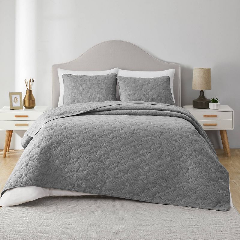 VCNY 3pc Queen Home Circle Textured Cotton Quilt Set Gray, 1 of 8