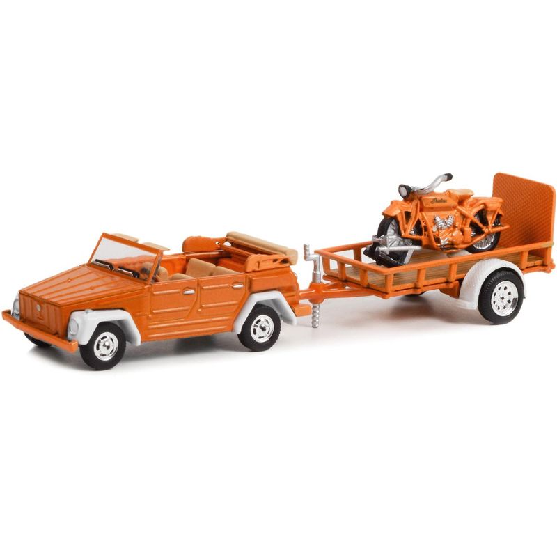 1973 Volkswagen Thing Convertible Orange and 1920 Indian Scout Motorcycle Orange w/Trailer 1/64 Diecast Model Car by Greenlight, 2 of 4
