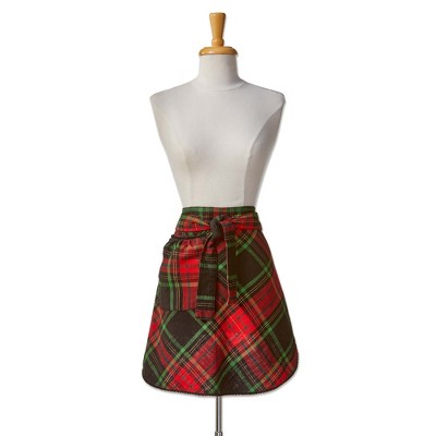 tag Christmas Plaid Hostess Half Apron - Red Multi Cotton Kitchen Apron, Machine Washable, 27.86" x 27.86" x 17.5"