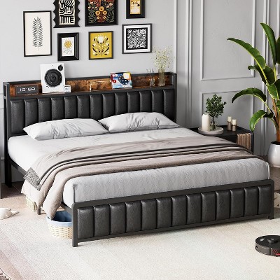 Acekool Upholstered Platform Bed Frame with Storage Headboard, USB Ports & Strong Metal Slats