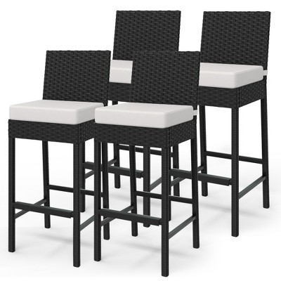 Patio Wicker Barstools With Cushions, Outdoor Wicker Bar Stools Set of 2, Outdoor Rattan Bar Height Stool Set Armless for Backyard, Poolside