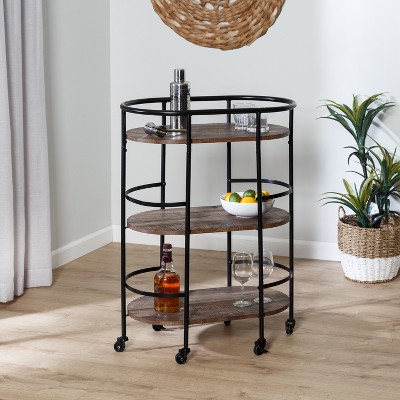Rustic Brown and Black 3-Tier Oval Bar Cart with Storage