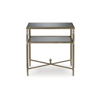Gold Rectangular Glass and Metal End Table with Mirror Shelf