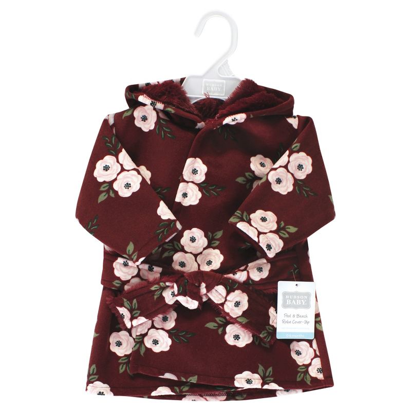Hudson Baby Infant Girl Mink with Faux Fur Lining Pool and Beach Robe Cover-ups, Burgundy Floral, 2 of 3