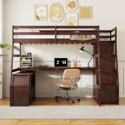 PAGED Twin Size Loft Bed with Desk, Modern Wooden Bed Frame with 2 Open Shelves, 7 Storage Drawers and Stairs for Bedroom
