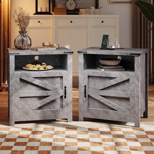 AOXUN Farmhouse End Table, 21" Rustic Nightstand with Barn Door, Sofa Side Table with Open and Closed Storage, 2-Piece Set for Bedroom, Grey - 1 of 4