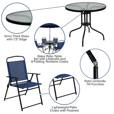 Navy 6-Piece Patio Set with Umbrella and Folding Chairs