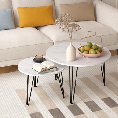 VYNXARIA 27.56" Round Nesting Coffee Table Set of 2, Circular End Tables with Marble Top and Sturdy Metal Base for Living Room, Bedroom (White)