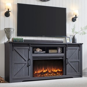 Fireplace TV Stand for 80 Inch TV, 32" Tall Farmhouse Entertainment Center with Drawer, Media Console With Sliding Barn Door for Living Room - 1 of 4