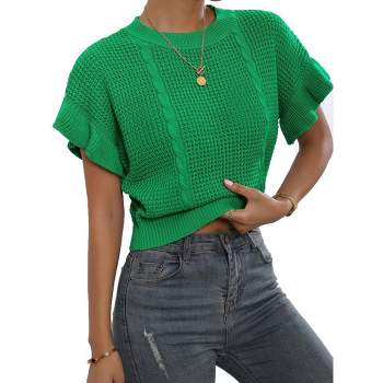 Womens Crochet Cropped Sweaters Short Ruffle Sleeve Sweaters with Round Neck Going Out Tops