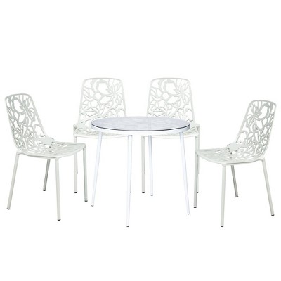 LeisureMod Devon 5-Piece Aluminum Outdoor Patio Dining Set with Tempered Glass Top Table and 4 Stackable Flower Design Chairs