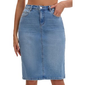 INSPIRE CHIC Women's High Waist Back Slit Stretch Denim Casual Sheath Midi Jean Skirts - 1 of 4