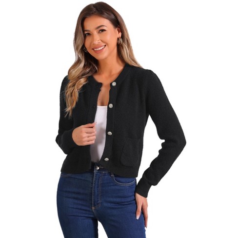 Allegra K Women s Crew Neck Long Sleeve Button Down Cardigan Sweater Black Small