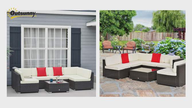 Outsunny 7 Piece Outdoor Patio Furniture Set, PE Rattan Wicker Sectional Sofa Set with Couch Cushions, Pillows,  Coffee Table, Orange, White, 2 of 8, play video