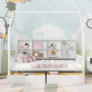 Wooden Twin Size House Bed With 2 Drawers, Storage Shelf Kids' Bed, Multifunctional Sky Roof House Bed Frame - 1 of 4