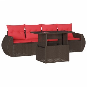 vidaXL Patio Sofa Set with Cushions and Table Outdoor 5 Piece Poly Rattan - Brown without storage - 1 of 4