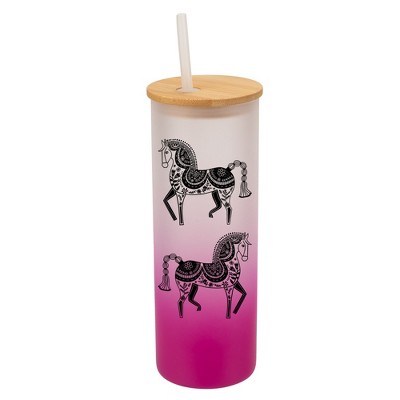 Elanze Designs Majestic Floral Horse Pink Frosted Gradient Glass Tumbler with Bamboo Lid & Straw 25 ounce Reusable Iced Coffee or Water Cup, Whimsical