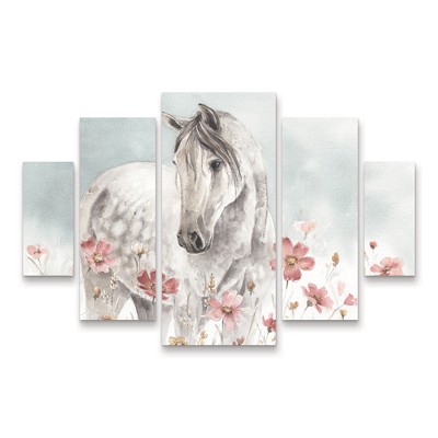 Wild Horses I 5-Piece Canvas Set with Pink Flowers