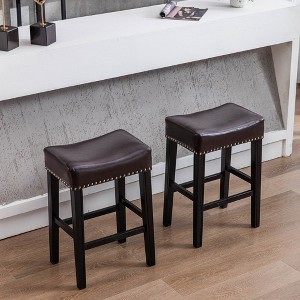 Bar Stools Set Of 2, Modern PU Leather Nailhead Upholstered Saddle Stools, Counter Height 26 Inches Backless Soft Saddle Seat - 1 of 4
