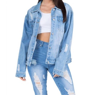 Women's Full Size Painted Back Distressed Denim Jacket - American Bazi